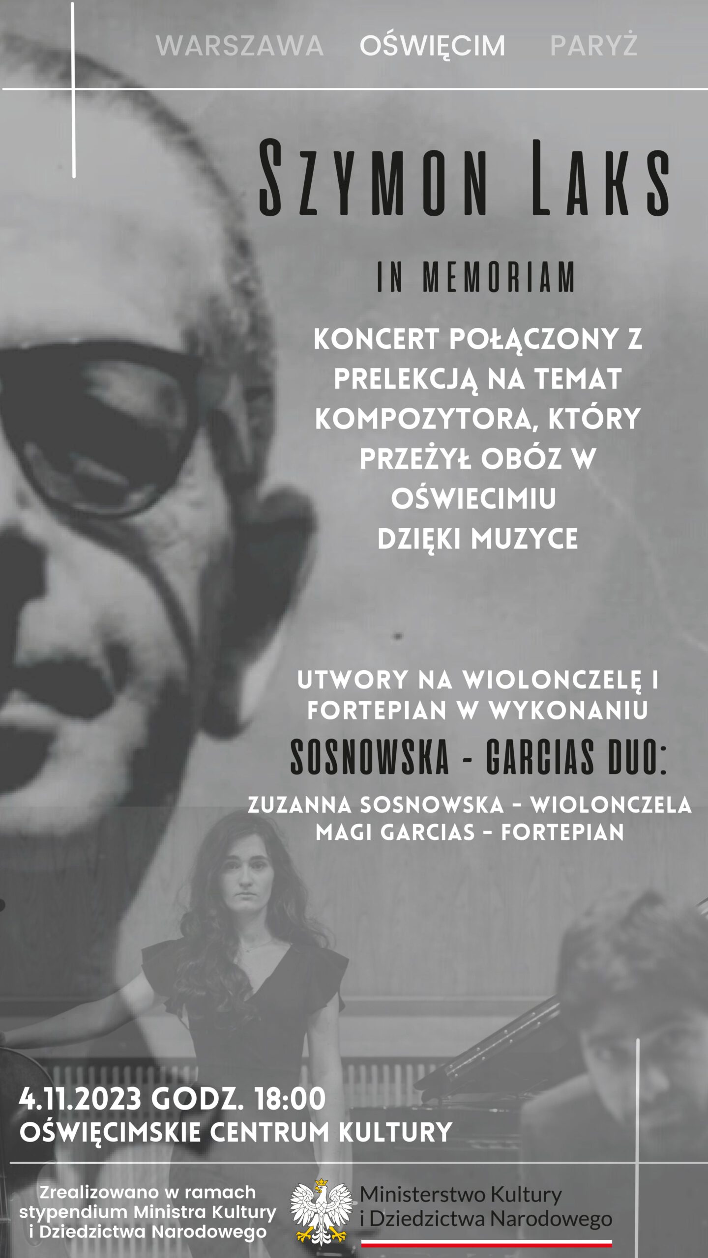 na czarno-białym plakacie zdjęcie połowy twarzy Szymona Laksa i tekst informacyjny o koncercie