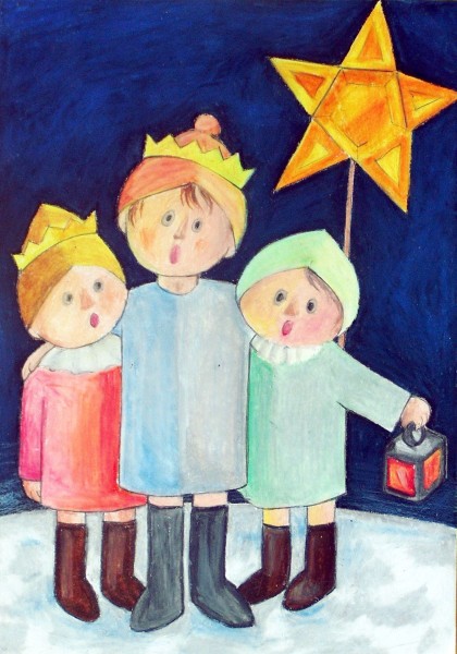 Rysunek - kolędujące dzieci, jeden trzyma w ręce lampion. Obok stoi gwiazda betlejemska