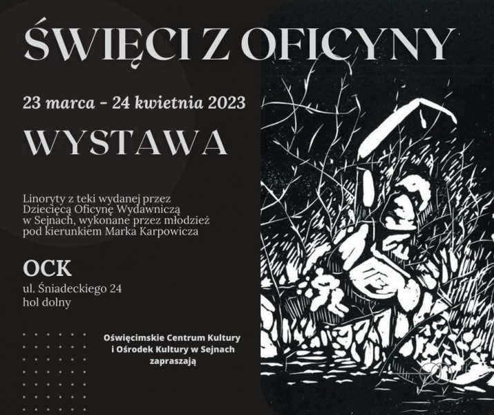 Czarno-biały plakat wystawy linorytów pt. "Święci z oficyny".
