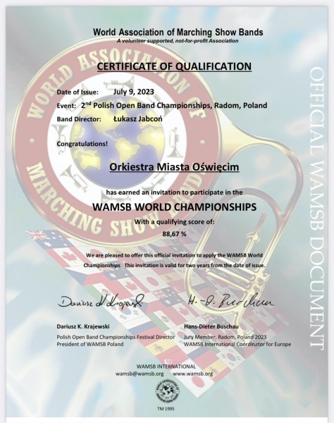 Dyplom dla Orkiestry Miasta Oświęcim za zdobycie Mistrzostwa Polski Orkiestr który odbył się w Radomiu