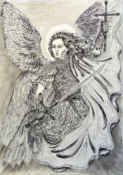 Czarno-biały rysunek przedstawia anioła, który w jednej ręce trzyma miecz a w drugiej krzyż