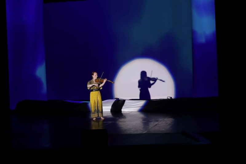 Kobieta gra na skrzypcach, na ścianie odbija się jej cień