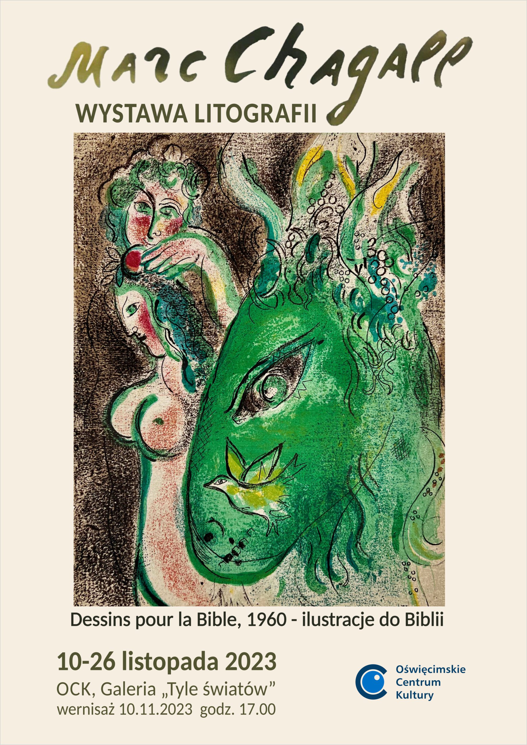 na plakacie ilustracja Chagalla, głowa zielonego konia i postać kobiety
