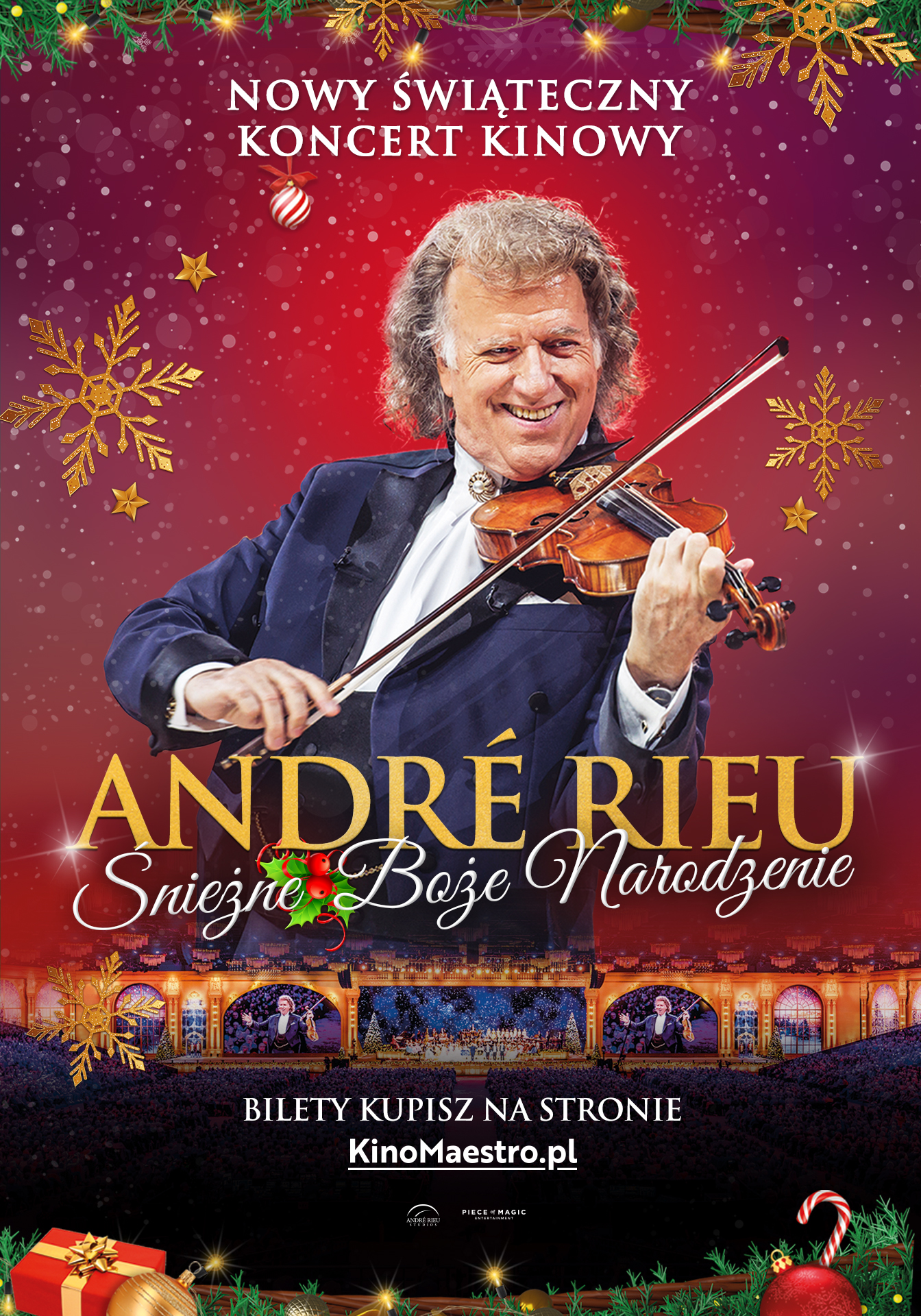 na plakacie Andre Rieu ze zdjęciem sceny i widowni koncertu