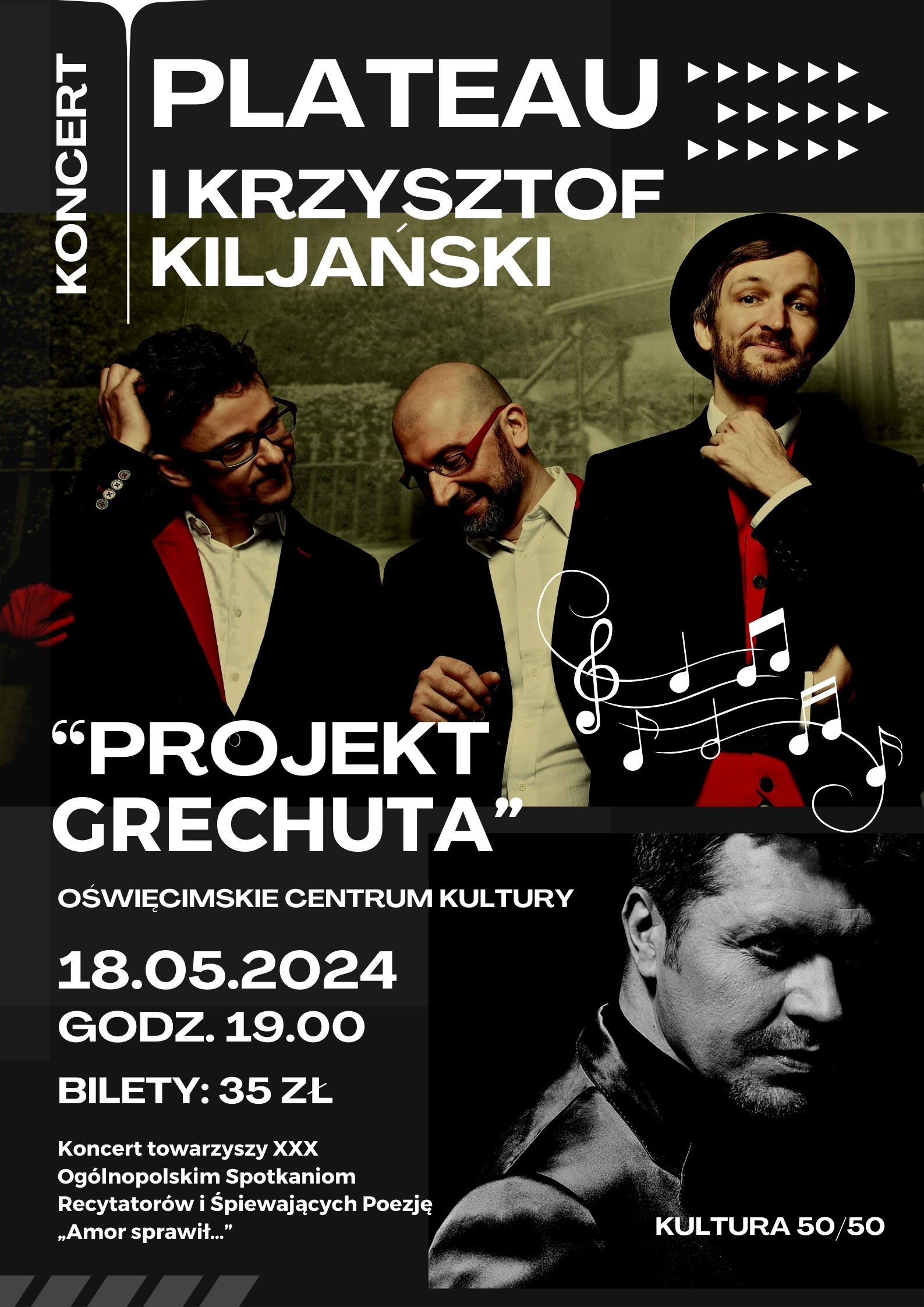na plakacie zdjęcie zespołu Plateau i Krzysztofa Kiljańskiego, informacja o koncercie