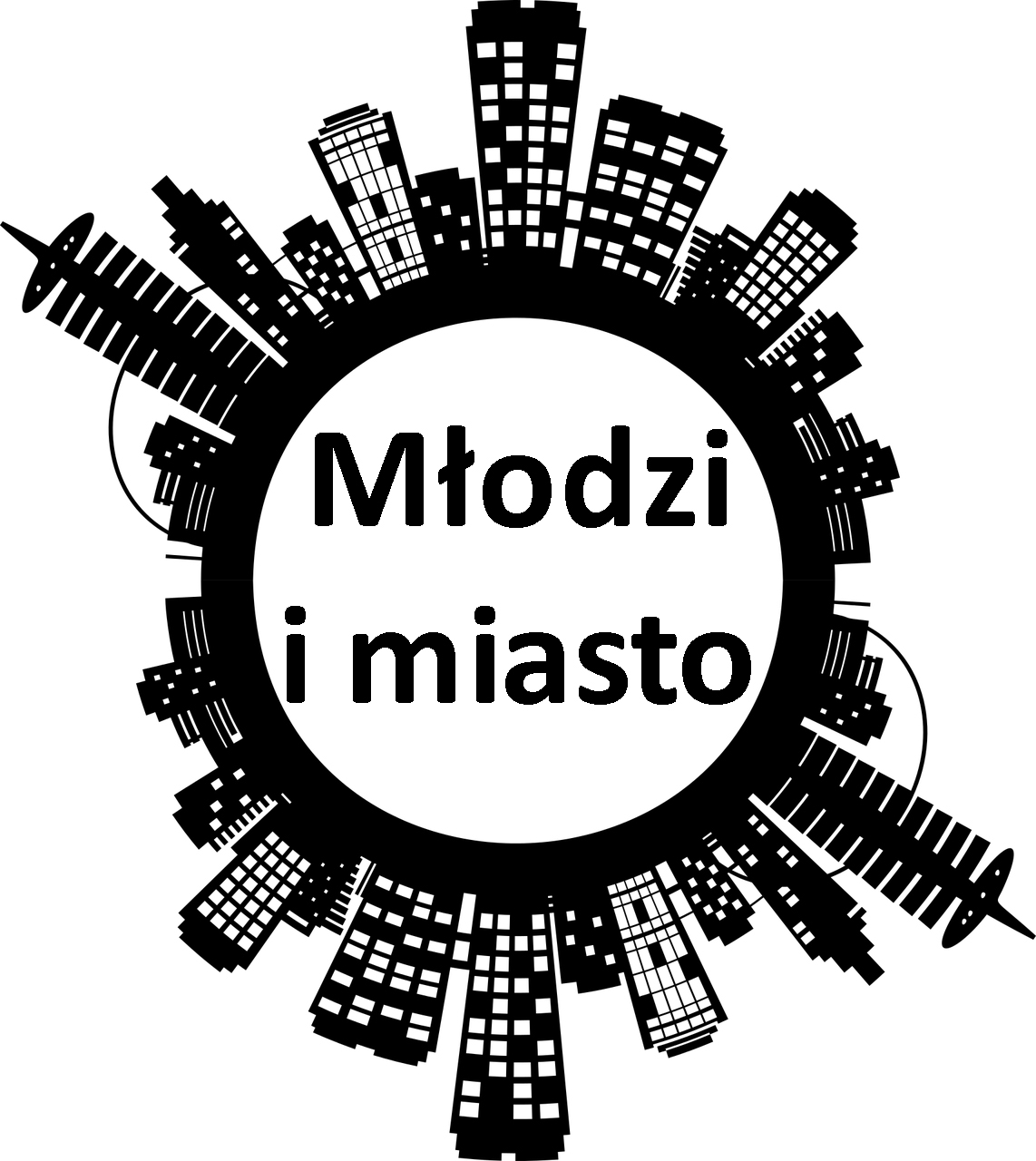 logo konkursu naokoło budynki a w środku napis młodzi i miasto