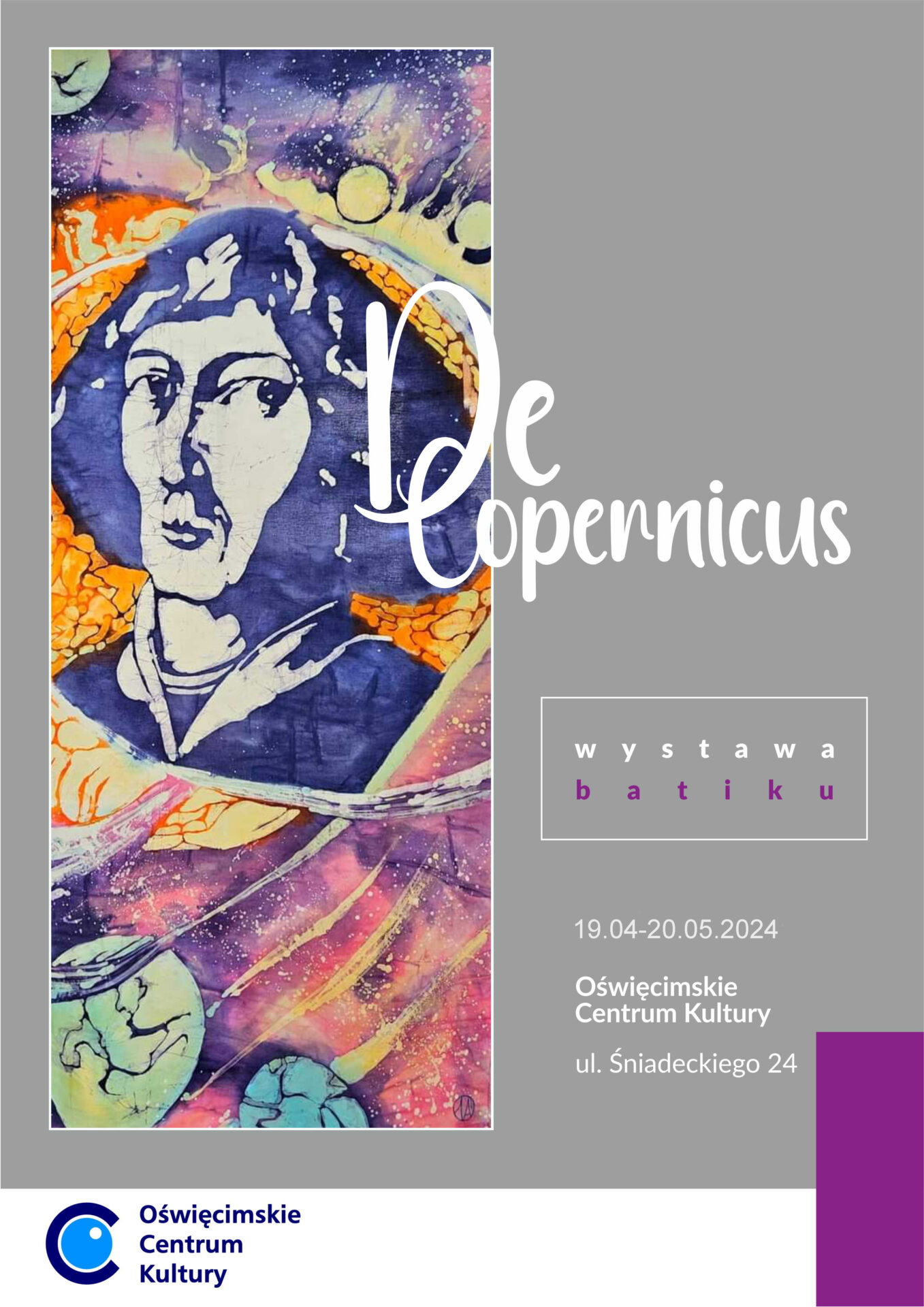 na plakacie batik z wizerunkiem Mikołaja Kopernika i informacje o wystawie