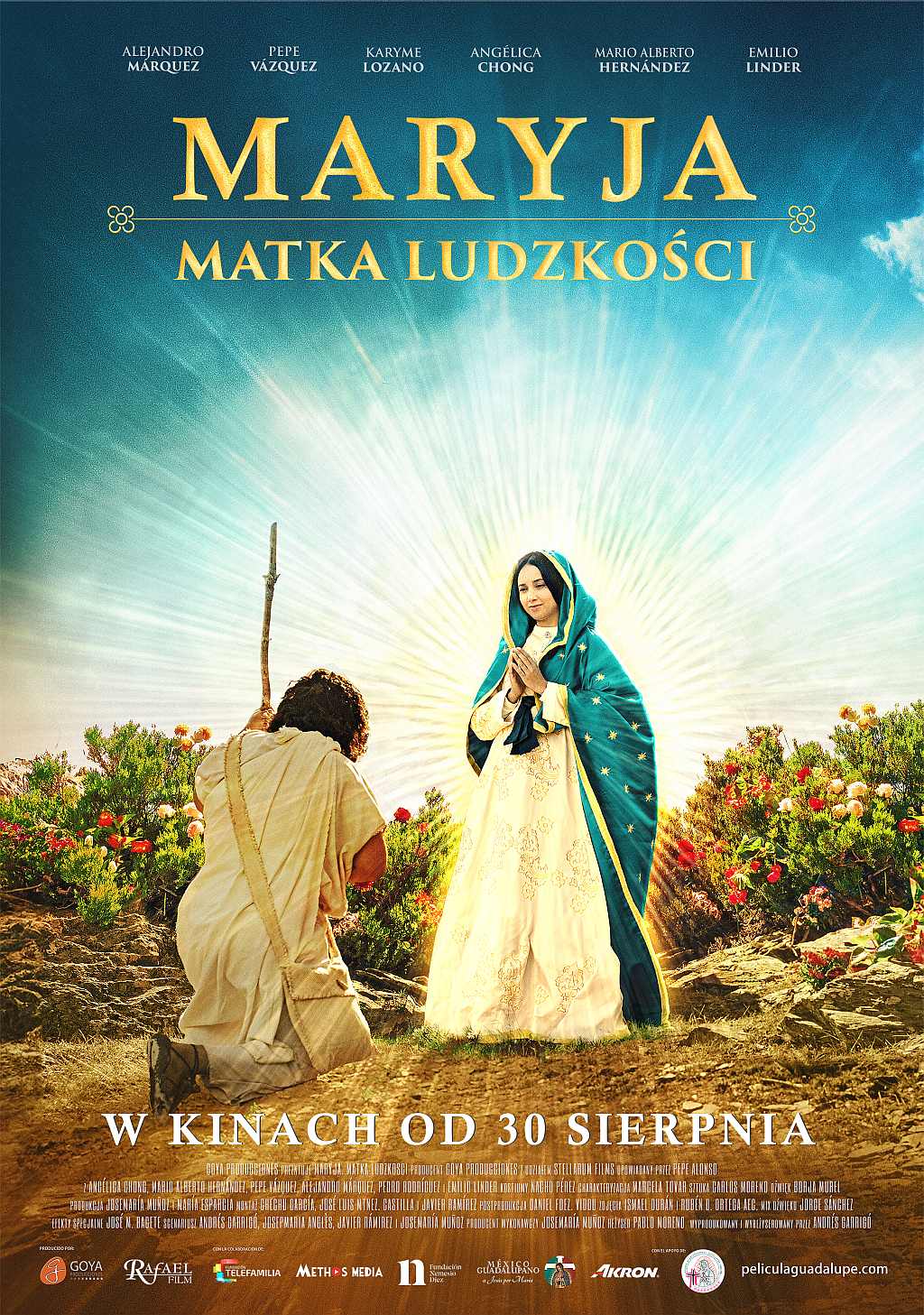 na plakacie postać Matki Boskiej i klęczacego przed nią człowieka