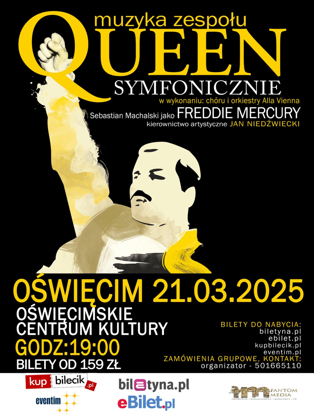 na plakacie rysunkowy fredy mercury, informacje o koncercie