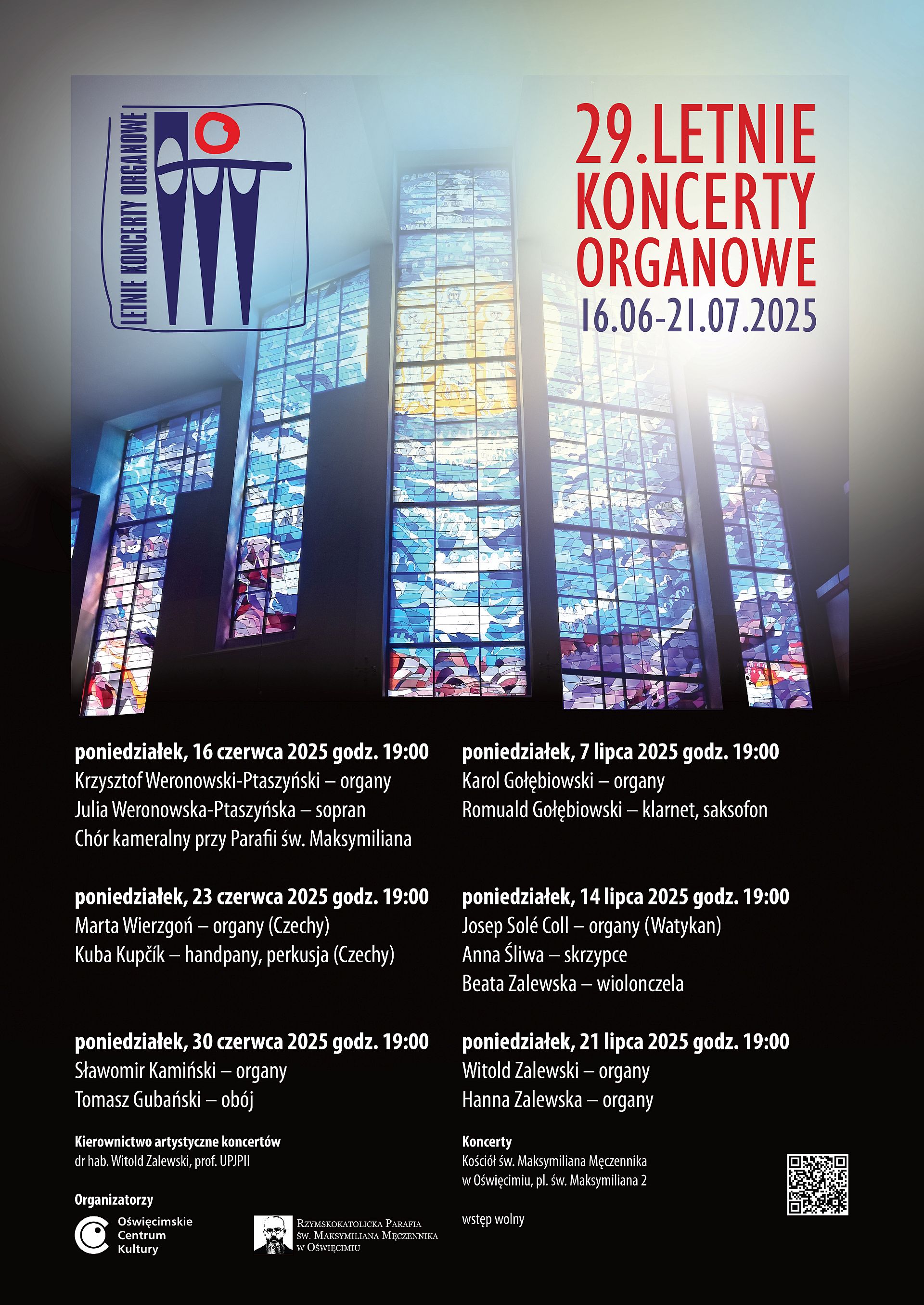 na plakacie witraż z kościoła oraz program koncertów