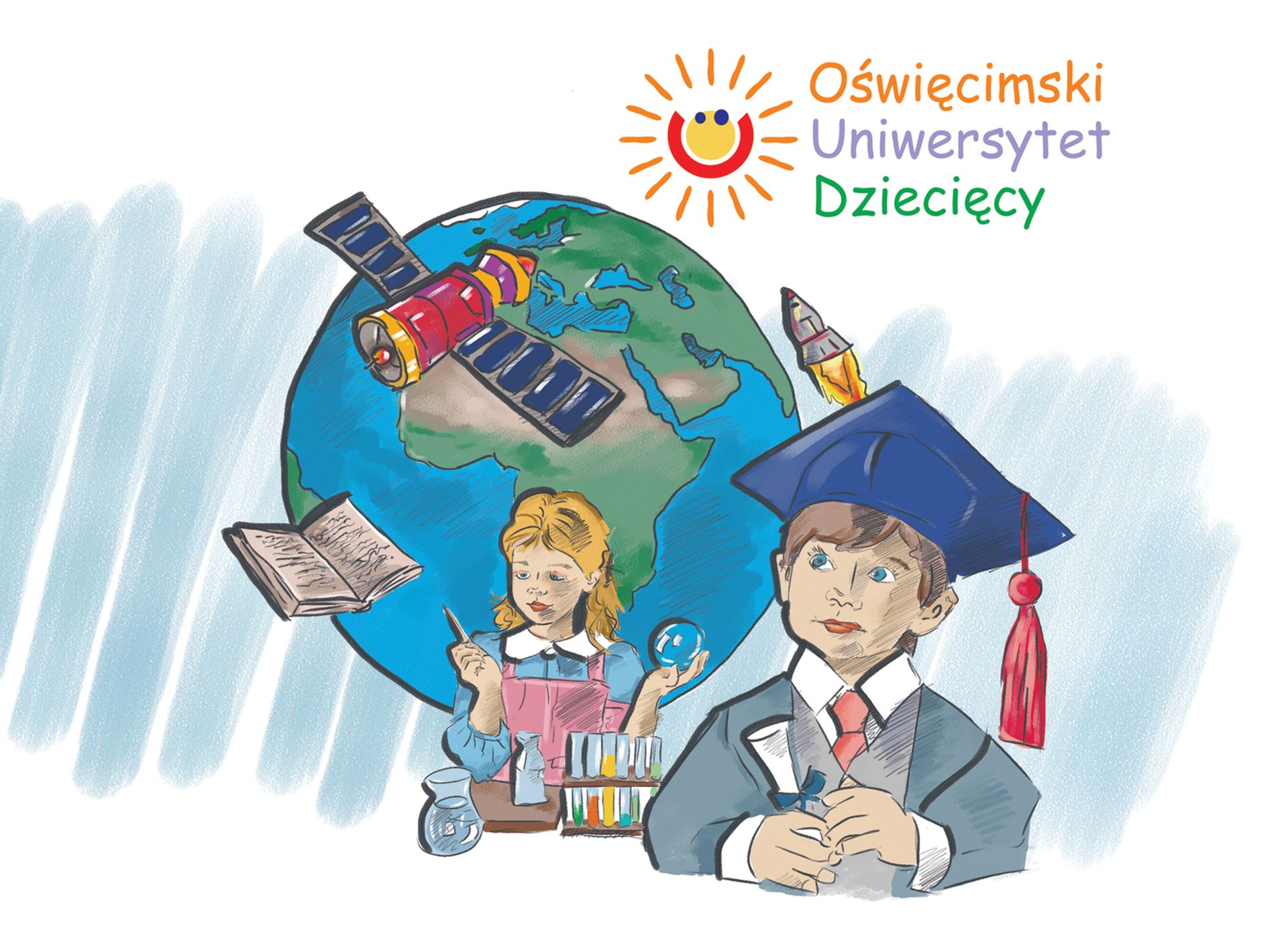 Oświęcimski Uniwersytet Dziecięcy na rysunku postaci dziecięce