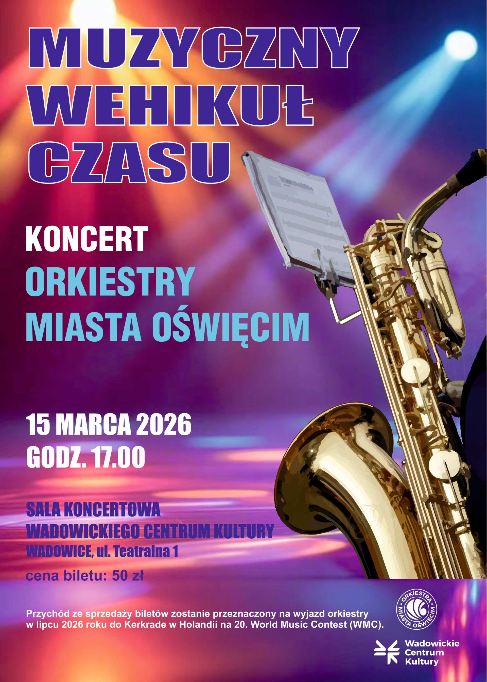 na plakacie saksofon i informacja o koncercie