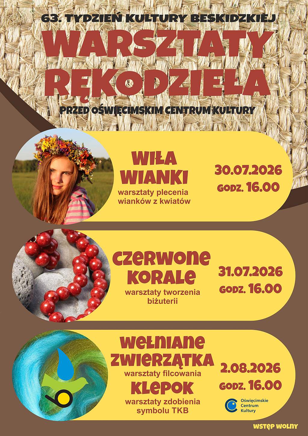 Na plakacie kolorowe ilustracje związane z warsztatami