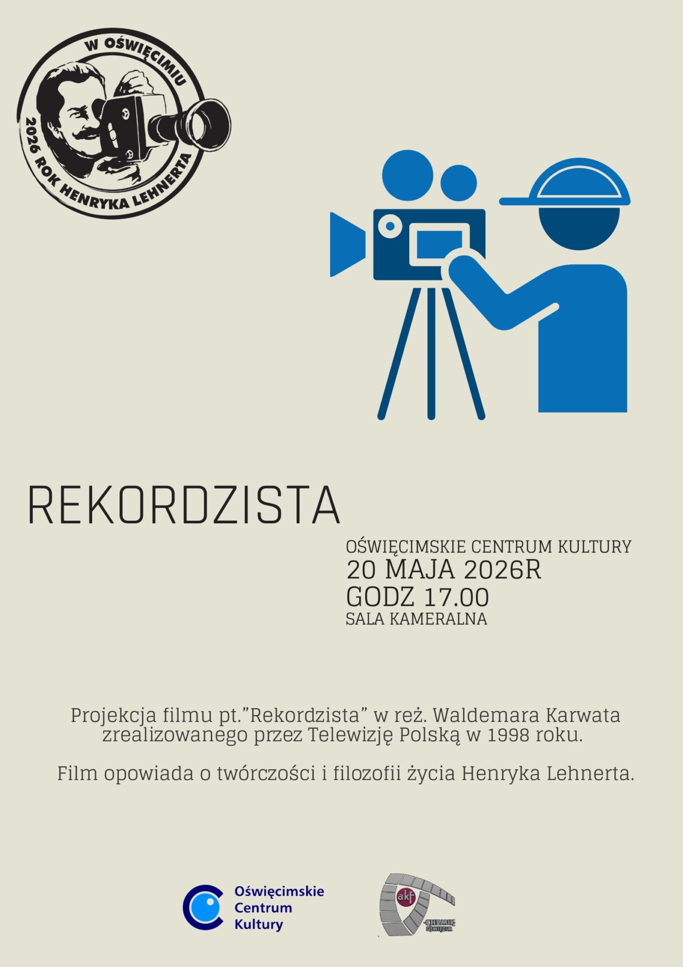 na plakacie rysunek człowieka z kamerą
