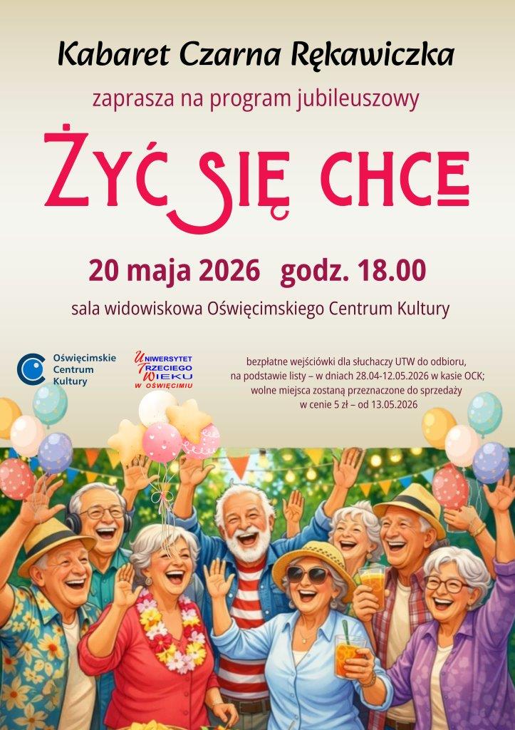 na plakacie grupa seniorów i informacja tekstowa