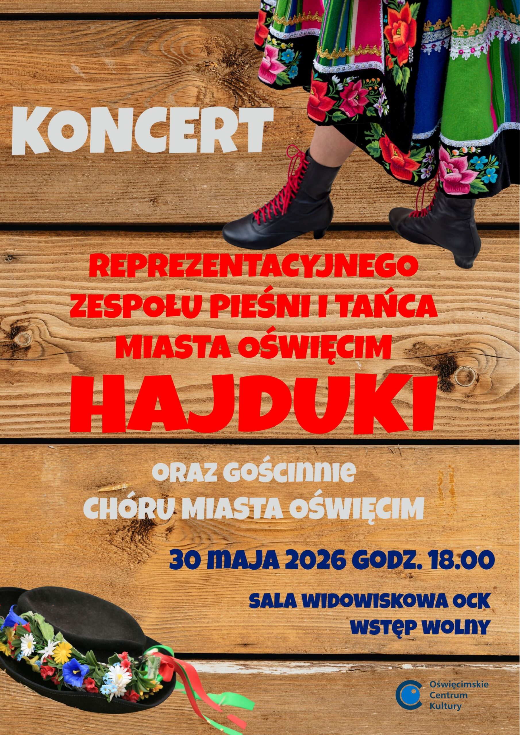 na plakacie fragmenty strojów ludowych i informacja o koncercie
